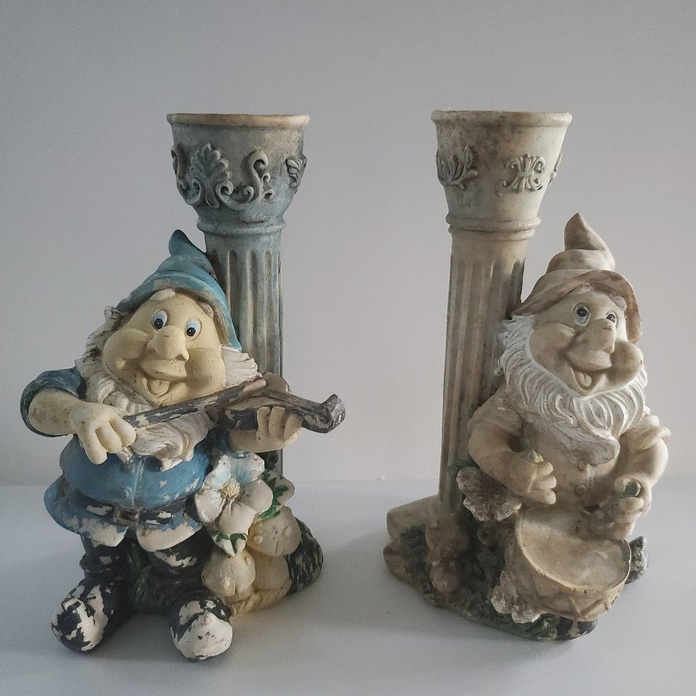 Vintage Musical Dwarfs Pillar Candlestick Holders Fun Whimsy Magical Farmhouse
